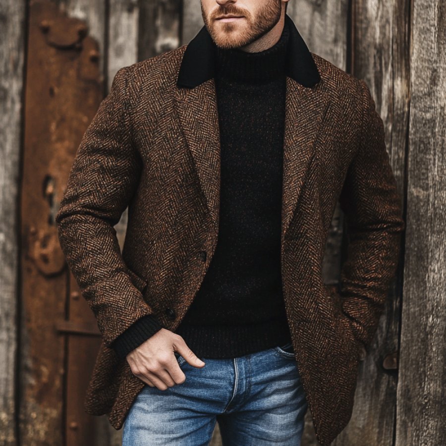 

Men's Vintage Outdoor Leisure Herringbone Pattern Collar Splicing Suit Jacket