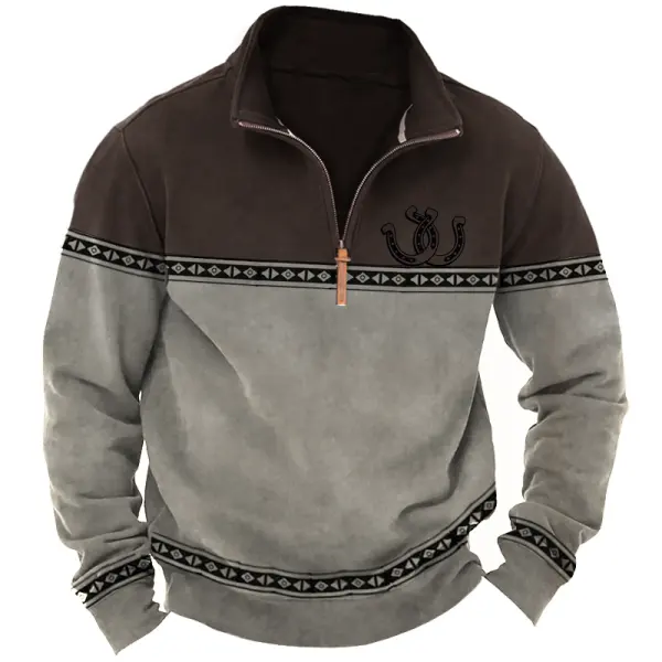 Men's Vintage Quarter Zip Aztec Ethnic Horseshoe Print Long Sleeve Sweatshirt - Menzfolk.com 