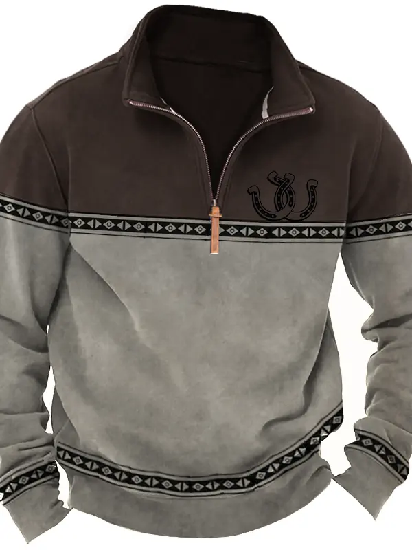 Men's Vintage Quarter Zip Aztec Ethnic Horseshoe Print Long Sleeve Sweatshirt - Menwyx.com 