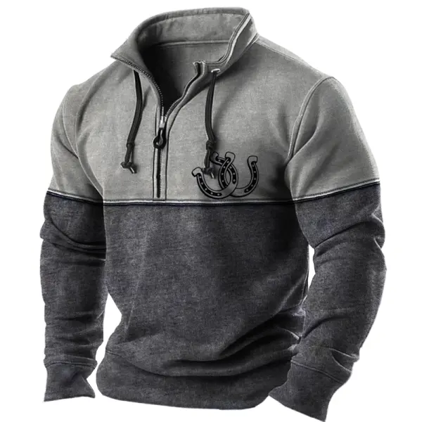 Men's Vintage Quarter Zip Patchwork Drawstring Horseshoe Western Sweatshirt - Rabclub.com 