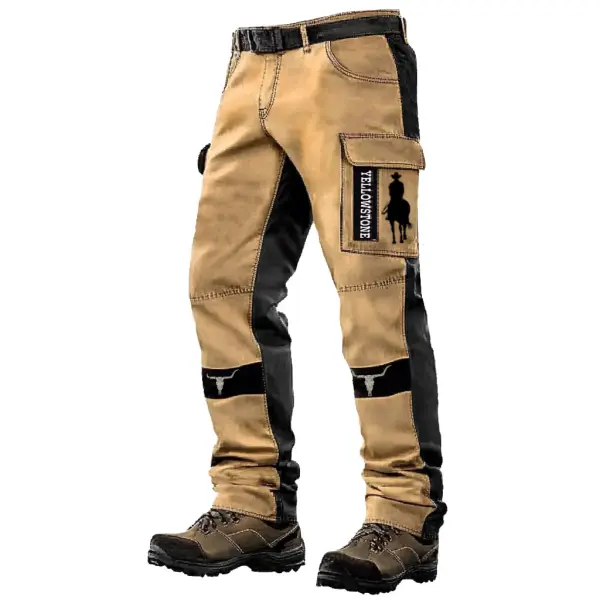 Men's Vintage Western Yellowstone Cowboy Outdoor Military Distressed Multi-pocket Color Block Tactical Pants - Cotosen.com 