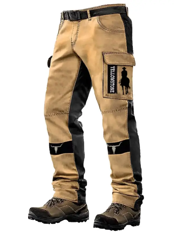 Men's Vintage Western Yellowstone Cowboy Outdoor Military Distressed Multi-pocket Color Block Tactical Pants - Menwyx.com 