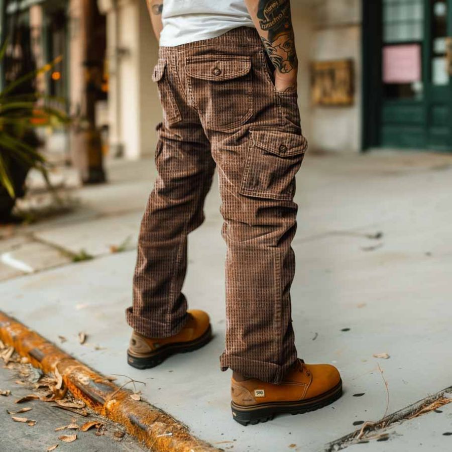 

Men's Vintage Waffle Knitted Outdoor Multi-pocket Cargo Pants Trousers