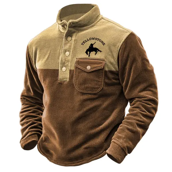 Men's Vintage Corduroy Western Yellowstone Pocket Color Block Button Stand Collar Long Sleeve Sweatshirt - Dozenlive.com 