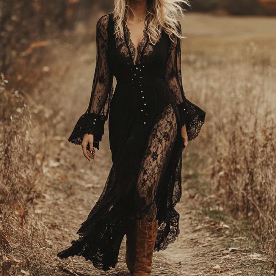 

Women's Elegant And Casual V-neck Long Sleeves Lace Rustic Boho Dress