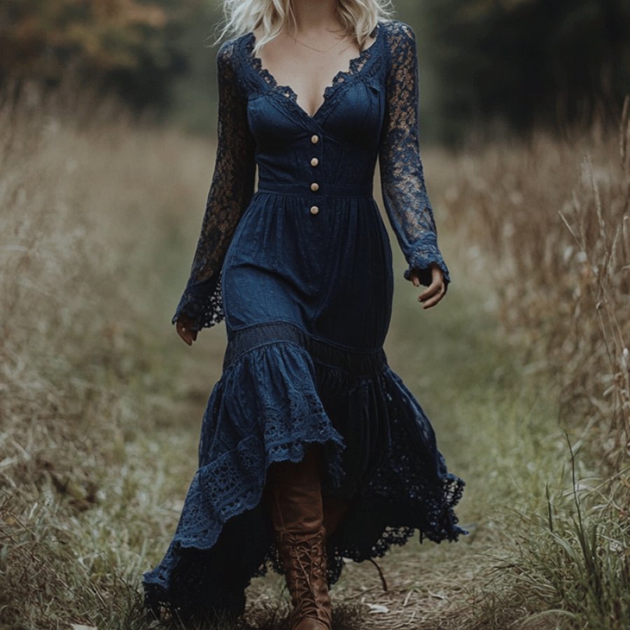 

Women's Elegant And Casual V-neck Long Sleeves Lace Dress