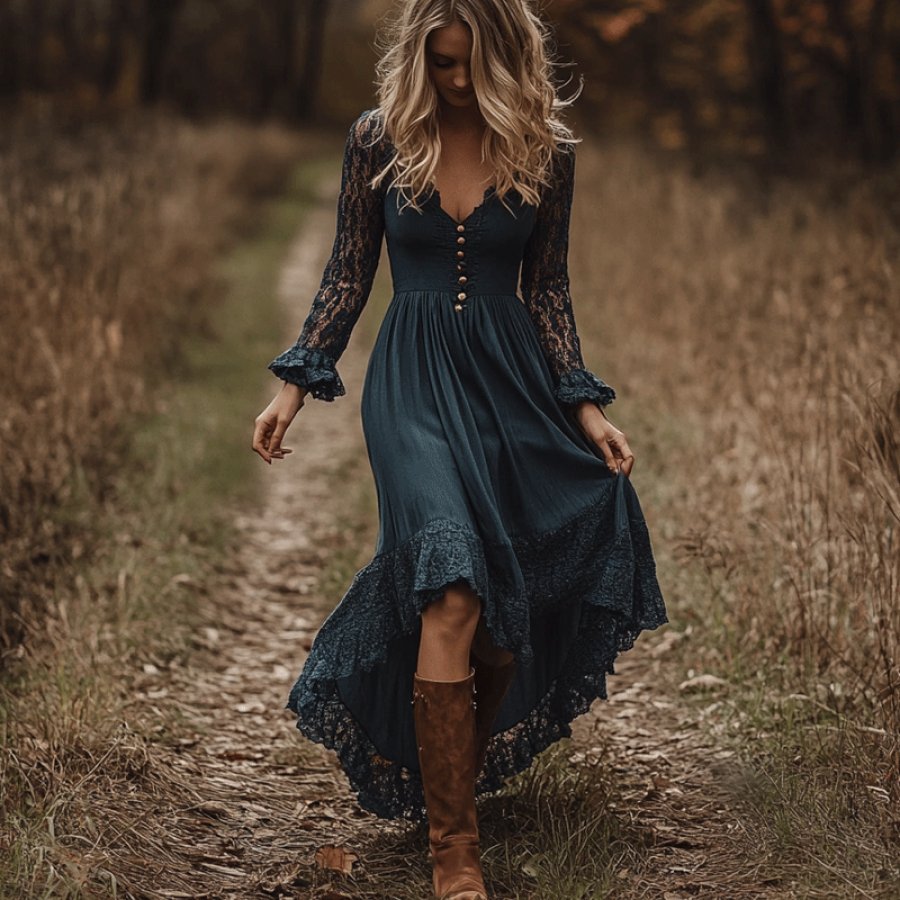 

Women's Elegant And Casual V-neck Long Sleeves Lace Dress