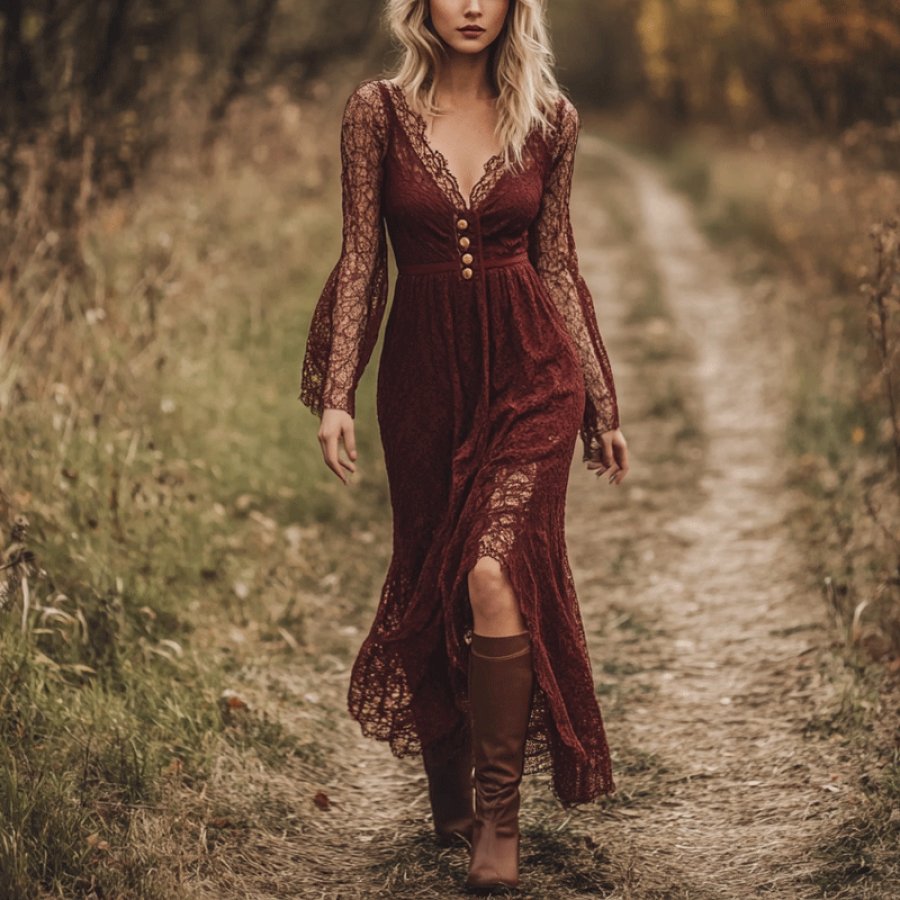 

Women's Elegant And Casual V-neck Long Sleeves Lace Dress