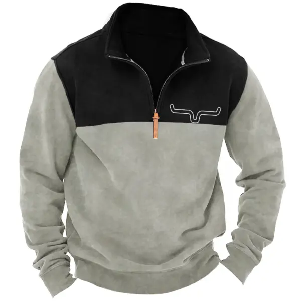 Men's Vintage Quarter Zip Western Ethnic Print Long Sleeve Sweatshirt - Yesunshine.com 