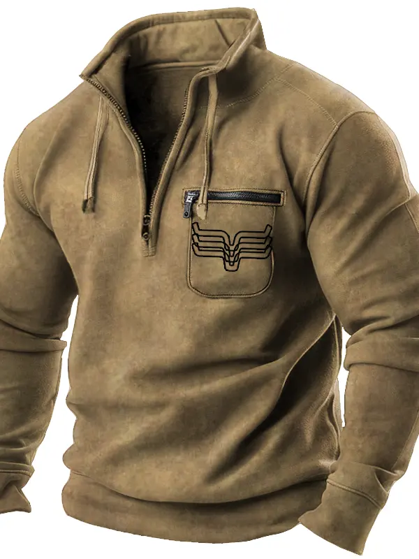 Men's Vintage Quarter Zip Drawstring Western Print Sweatshirt - Menwyx.com 