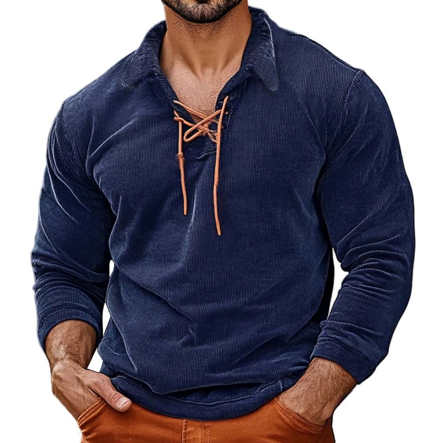 

Men's Vintage Corduroy Lace-up Lapel Collar Long Sleeve Sweatshirt