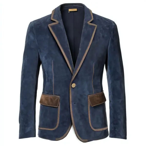 Men's Vintage Suede Multi-Pocket Color Block Reversal Collar Outdoor Jacket - Dozenlive.com 