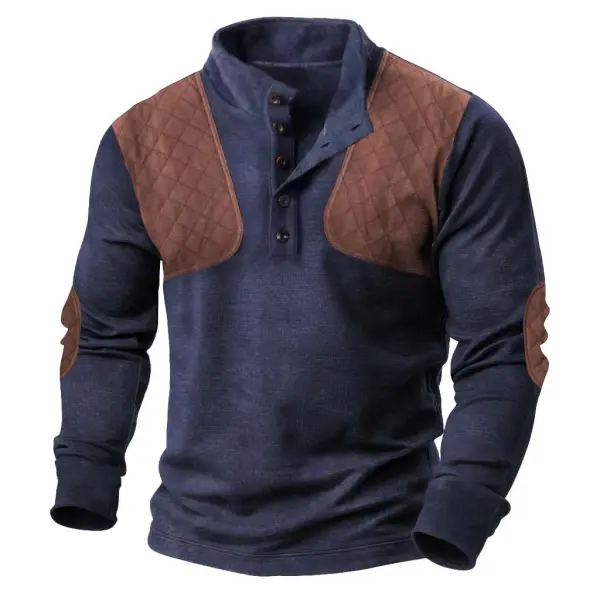 Men's Vintage Color Block Elbow Patch Quarter-Snap Stand Collar Long Sleeve Sweatshirt - Rabclub.com 