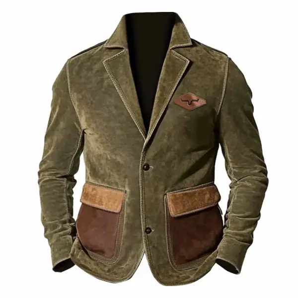 Men's Vintage Suede Western Cowboy Multi-Pocket Color Block Reversal Collar Outdoor Jacket - Menzfolk.com 