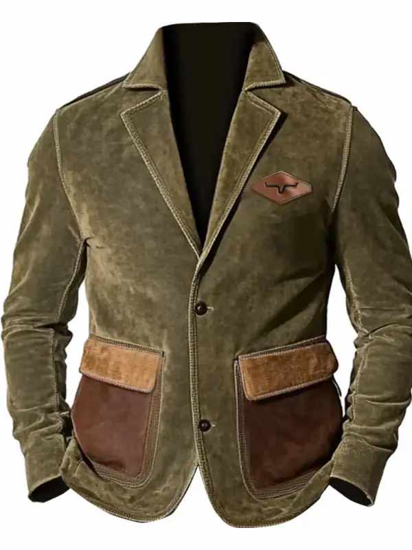 Men's Vintage Suede Western Cowboy Multi-Pocket Color Block Reversal Collar Outdoor Jacket - Menwyx.com 