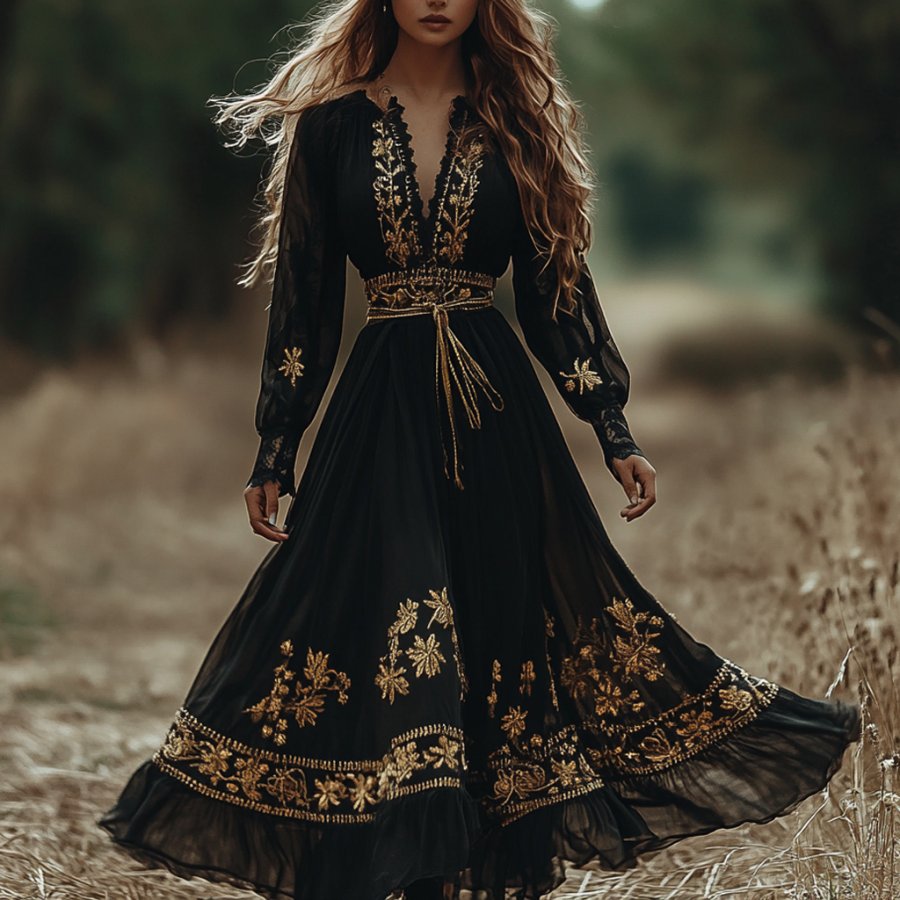

Women's Vintage Lace Pastoral V-neck Long Sleeve Dress