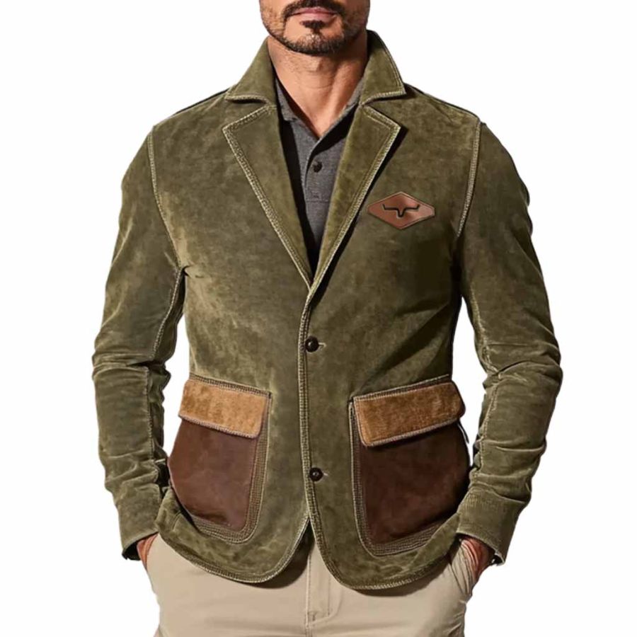 

Men's Vintage Suede Western Cowboy Multi-Pocket Color Block Reversal Collar Outdoor Jacket