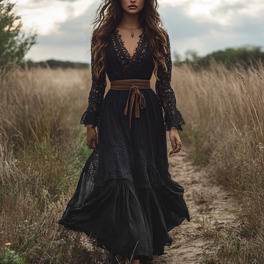 

Women's Vintage Lace Pastoral V-neck Long Sleeve Dress