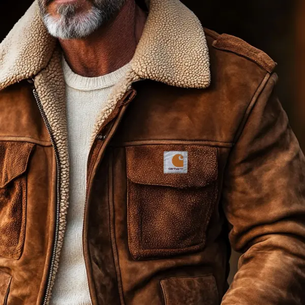 Men's Carhartt Vintage Suede Patchwork Lamb Fleece Multi-Pocket Reverse Collar Outdoor Jacket
