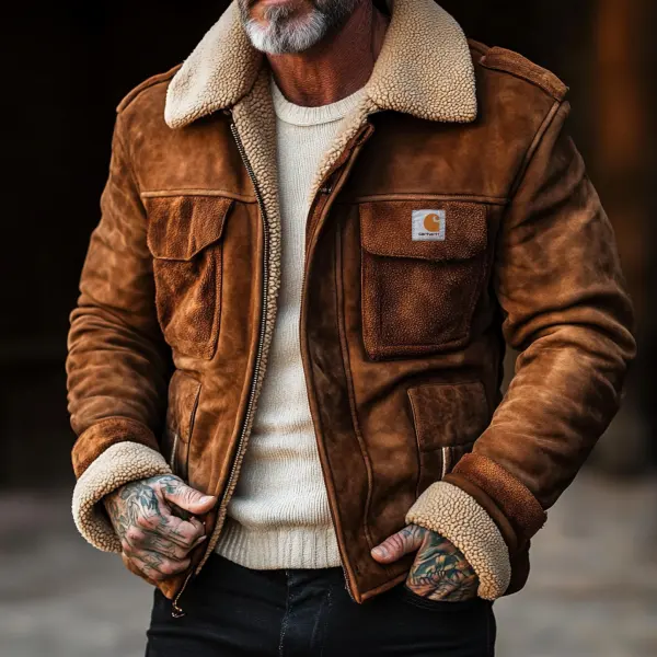 Men's Vintage Suede Patchwork Lamb Fleece Multi-Pocket Reverse Collar Outdoor Jacket - Dozenlive.com 