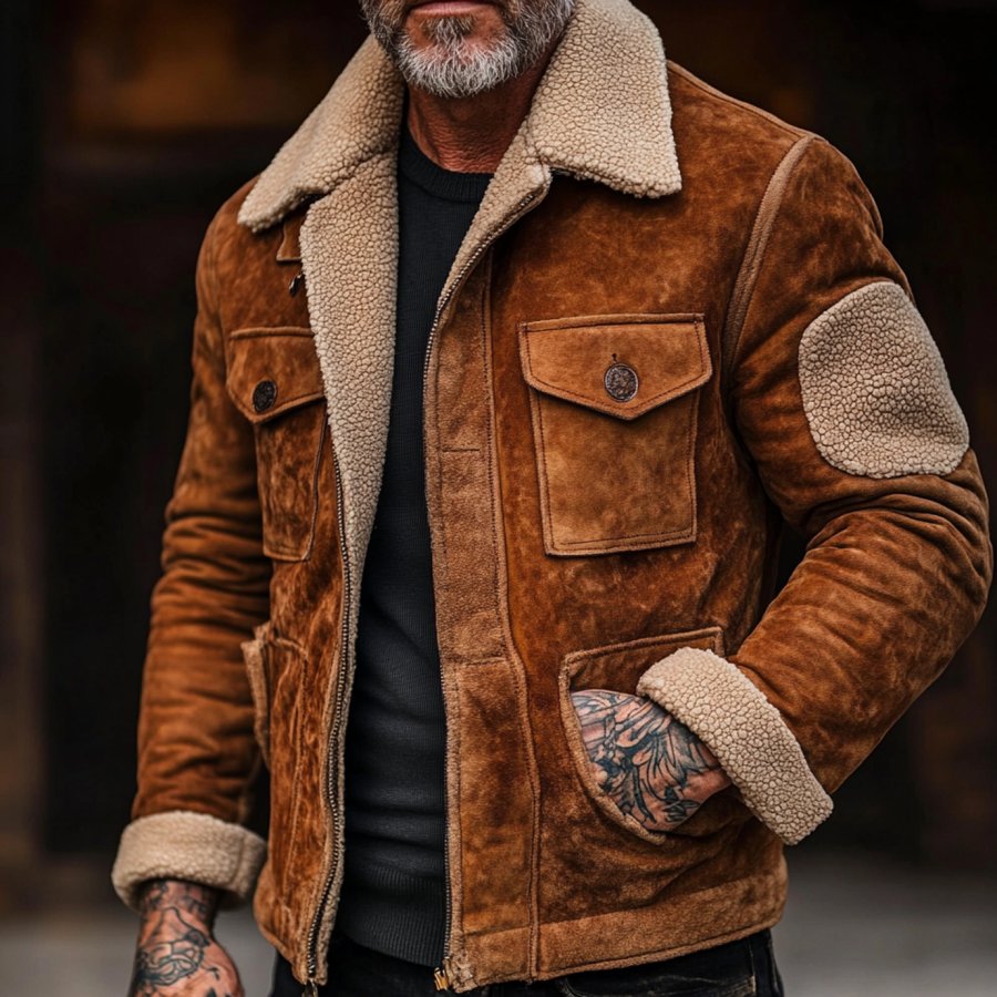 

Men's Vintage Suede Patchwork Lamb Fleece Multi-Pocket Reverse Collar Outdoor Jacket