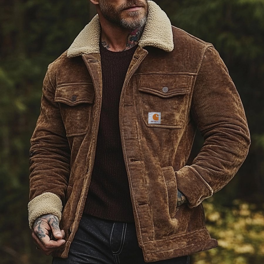 

Men's Vintage Corduroy Patchwork Lamb Fleece Multi-Pocket Reverse Collar Outdoor Jacket