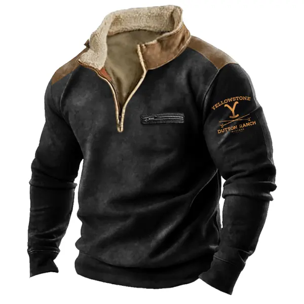 Men's Yellowstone Vintage Collar Lamb Wool Patchwork Contrasting 1/4 Zipper Sweatshirt - Menzfolk.com 