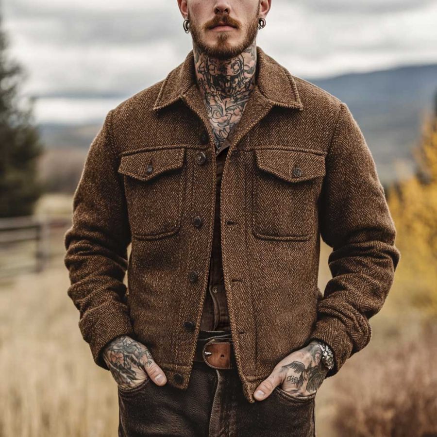 

Men's Vintage Herringbone Pocket Lapel Outdoor Jacket