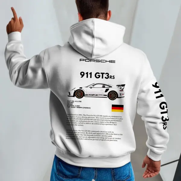 Men's Vintage Racing Car Pocket Long Sleeve White Hoodie - Dozenlive.com 