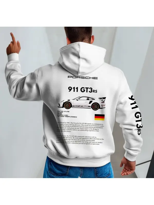 Men's Vintage Racing Car Pocket Long Sleeve White Hoodie - Anrider.com 