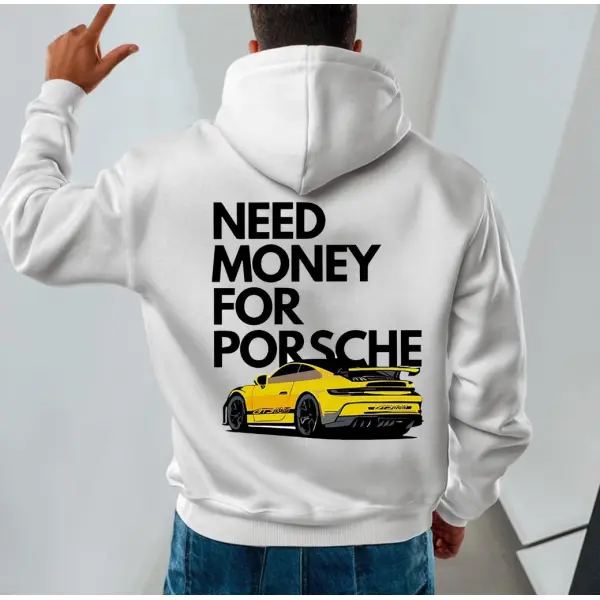 Men's Vintage Racing Car Pocket Long Sleeve White Hoodie - Spiretime.com 