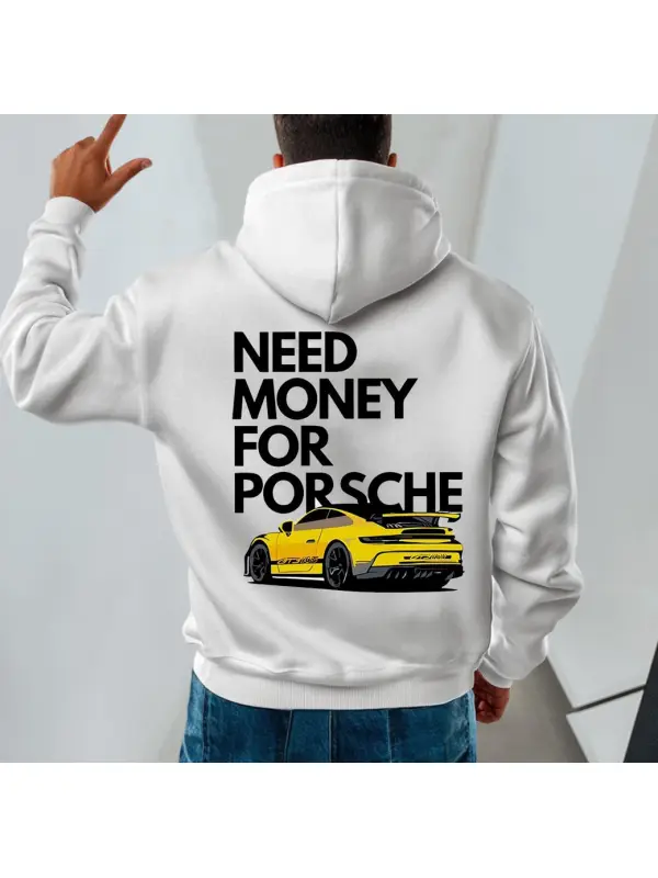 Men's Vintage Racing Car Pocket Long Sleeve White Hoodie - Anrider.com 