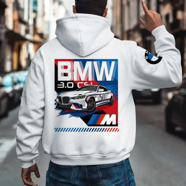 Men's Vintage Racing Car Pocket Long Sleeve White Hoodie - Ootdyouth.com 