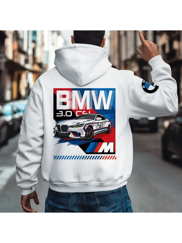 Men's Vintage Racing Car Pocket Long Sleeve White Hoodie - Anrider.com 