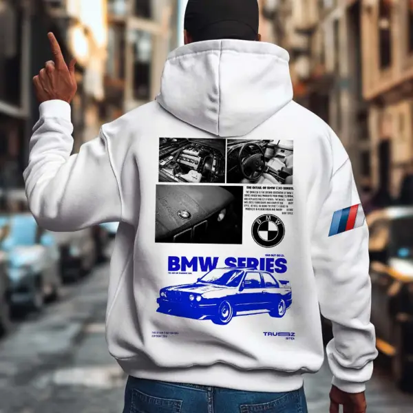 Men's Vintage Racing Car Pocket Long Sleeve White Hoodie - Ootdyouth.com 