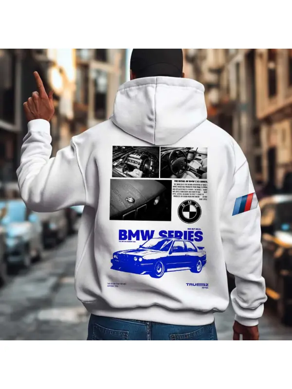 Men's Vintage Racing Car Pocket Long Sleeve White Hoodie - Anrider.com 