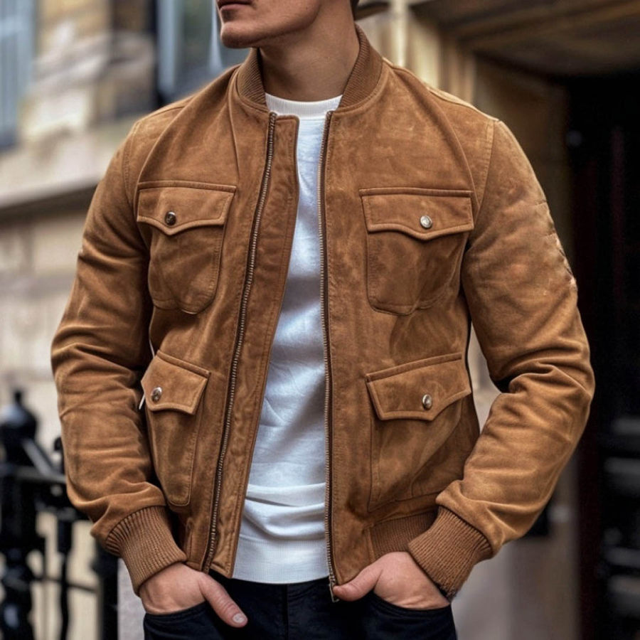 

Men's Vintage Suede Multi-Pocket Baseball Collar Outdoor Jacket