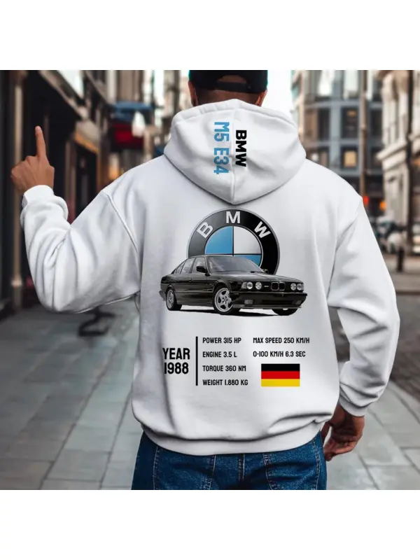 Men's Vintage Racing Car Pocket Long Sleeve White Hoodie - Anrider.com 