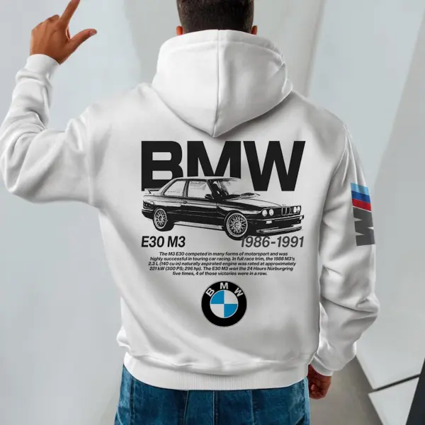 Men's Vintage Racing Car Pocket Long Sleeve White Hoodie - Dozenlive.com 