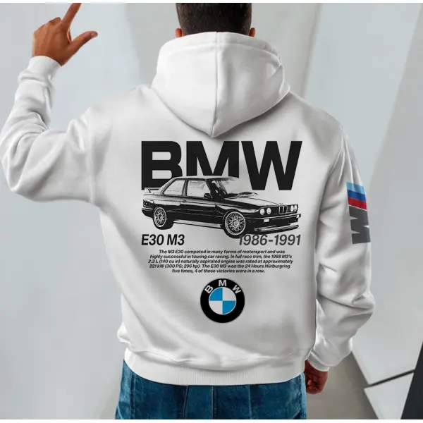 Men's Vintage Racing Car Pocket Long Sleeve White Hoodie - Localziv.com 