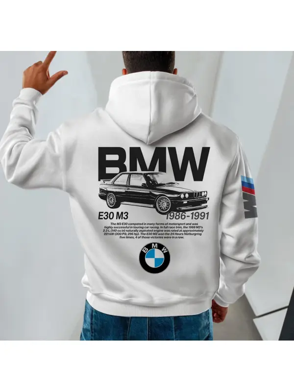 Men's Vintage Racing Car Pocket Long Sleeve White Hoodie - Anrider.com 