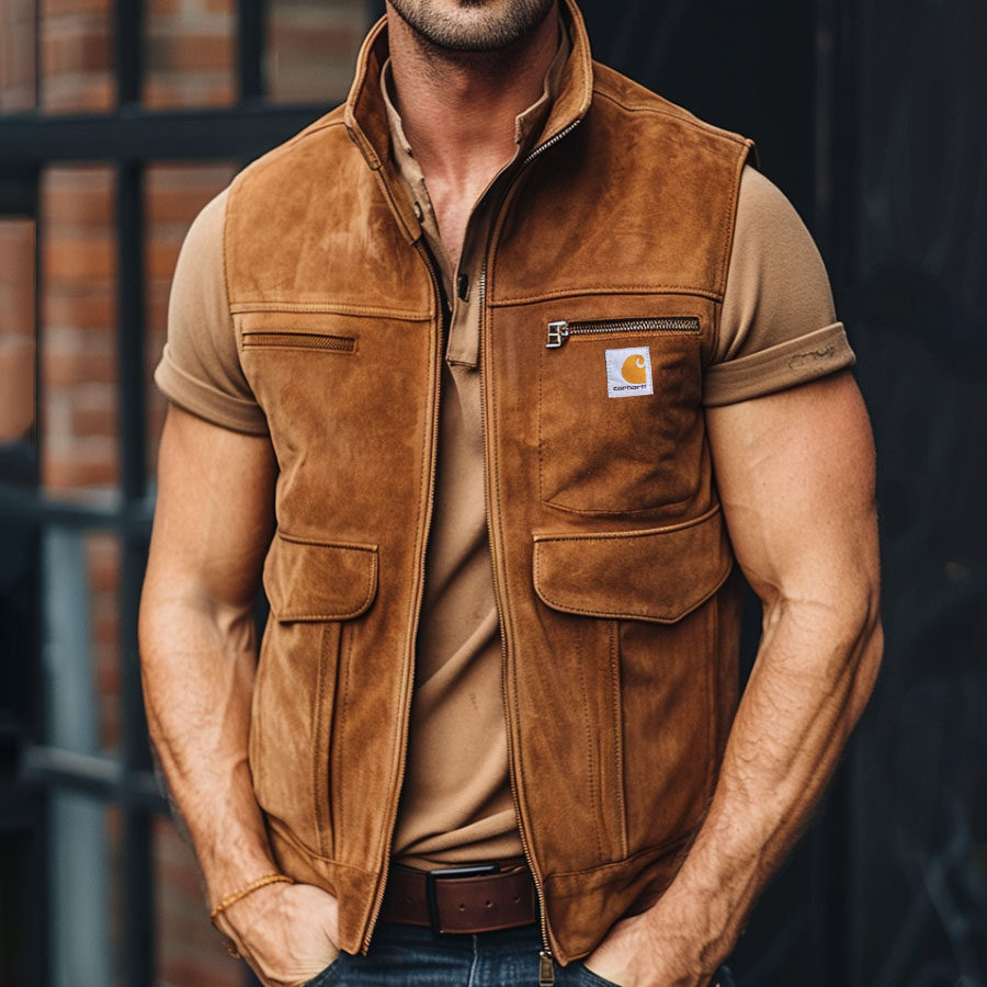 

Men's Vintage Suede Multi-Pocket Outdoor Motorcycle Stand Collar Vest