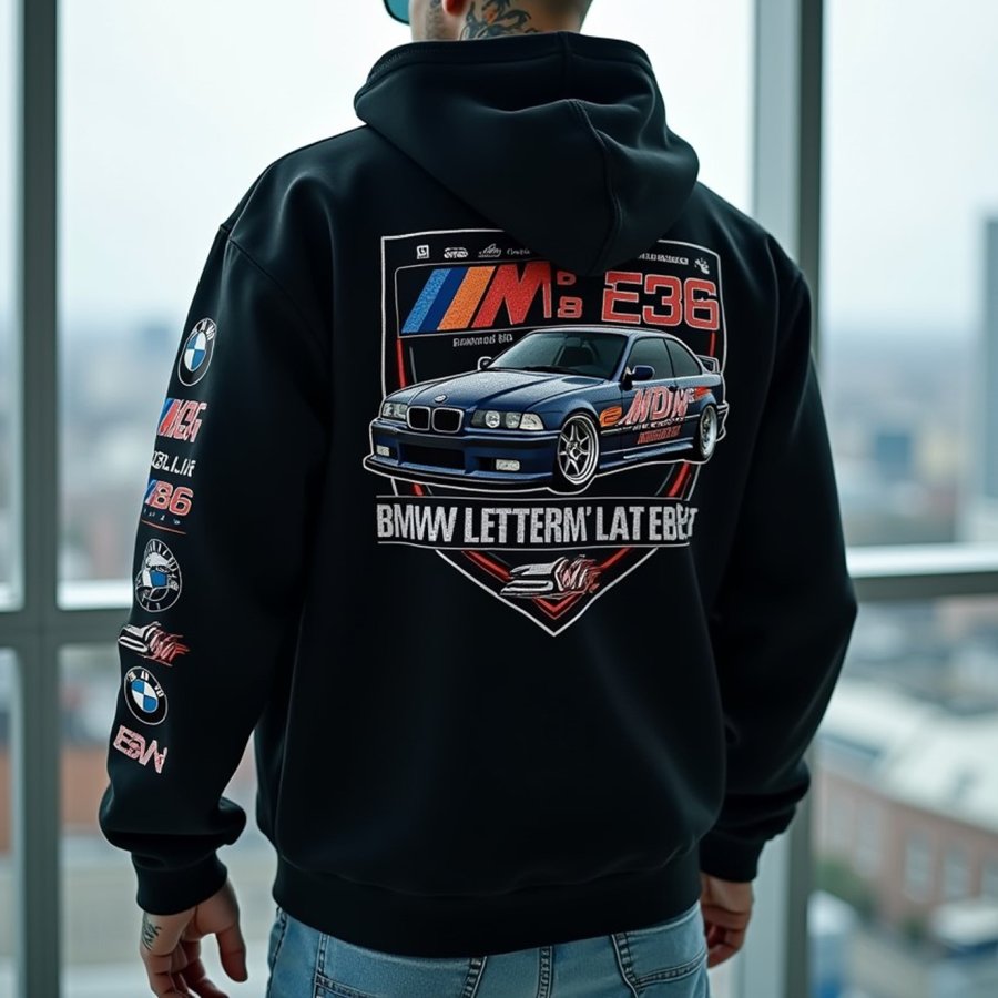 

Men's Retro Racing Print Black Oversized Hoodie