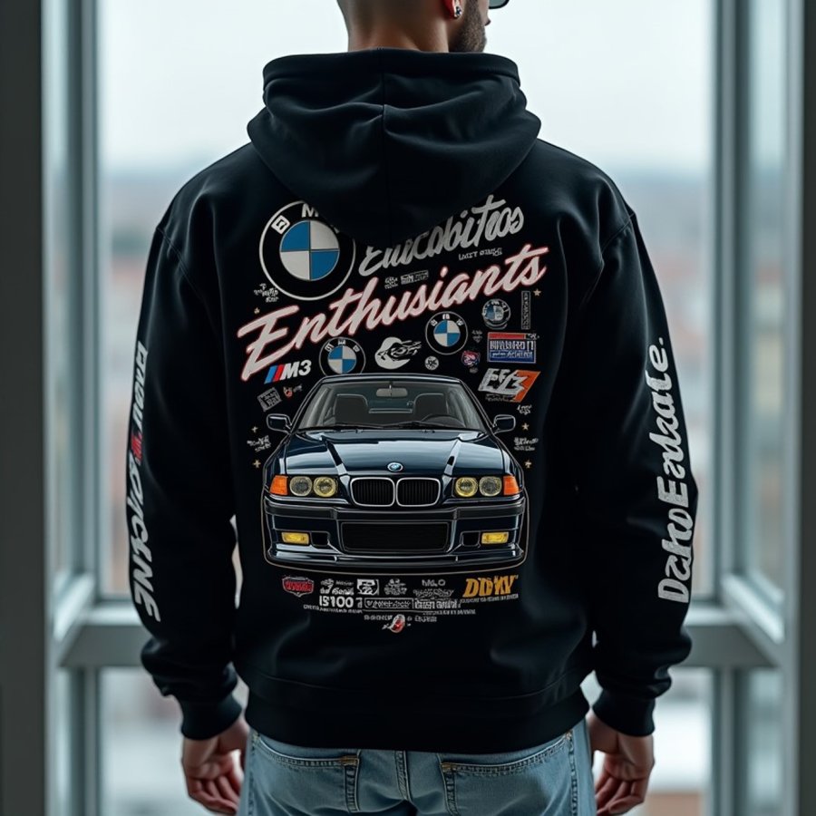 

Men's Retro Racing Print Black Oversized Hoodie