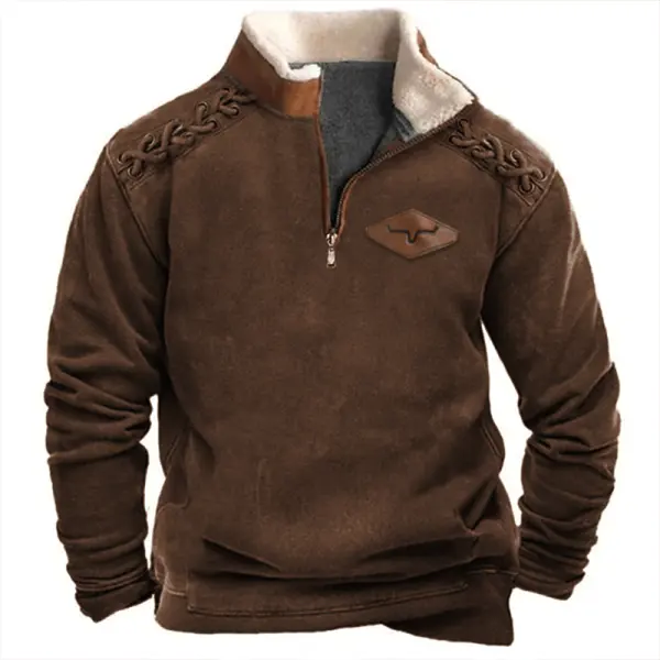 Men's Yellowstone Collar Cashmere Shoulder Fried Dough Twists Drawstring 1/4 Zipper Brown Sweatshirt - Menzfolk.com 