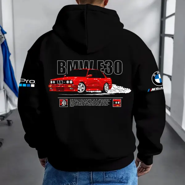 Men's Vintage Racing M Motorsport Hero Pocket Long Sleeve Black Hoodie - Dozenlive.com 