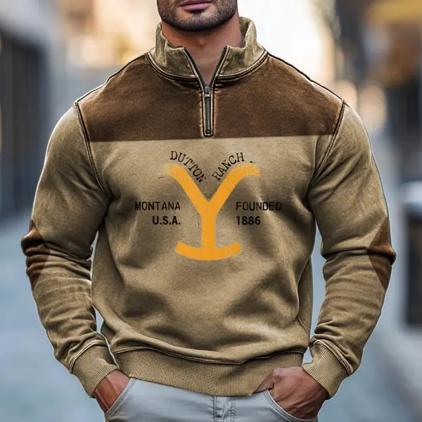 Men's Vintage Yellowstone Elbow Patch Color Block Quarter-Zip Stand Collar Long Sleeve Sweatshirt - Wayrates.com 