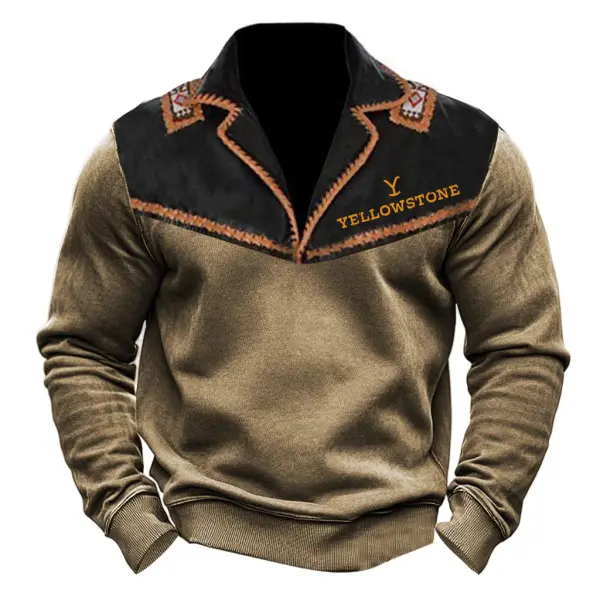 Men's Vintage Yellowstone Color Block Lapel Long Sleeve Sweatshirt - Rabclub.com 