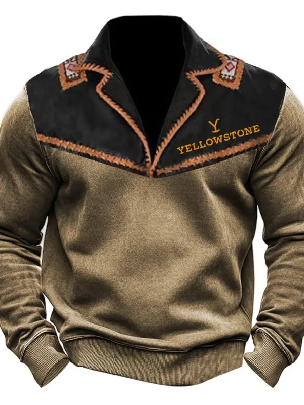 Men's Vintage Yellowstone Color Block Lapel Long Sleeve Sweatshirt - Menwyx.com 