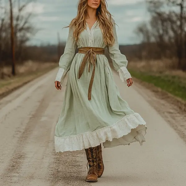 Women's Vintage Rustic Boho Lace V-neck Long Sleeve Light Green Dress - Wayrates.com 